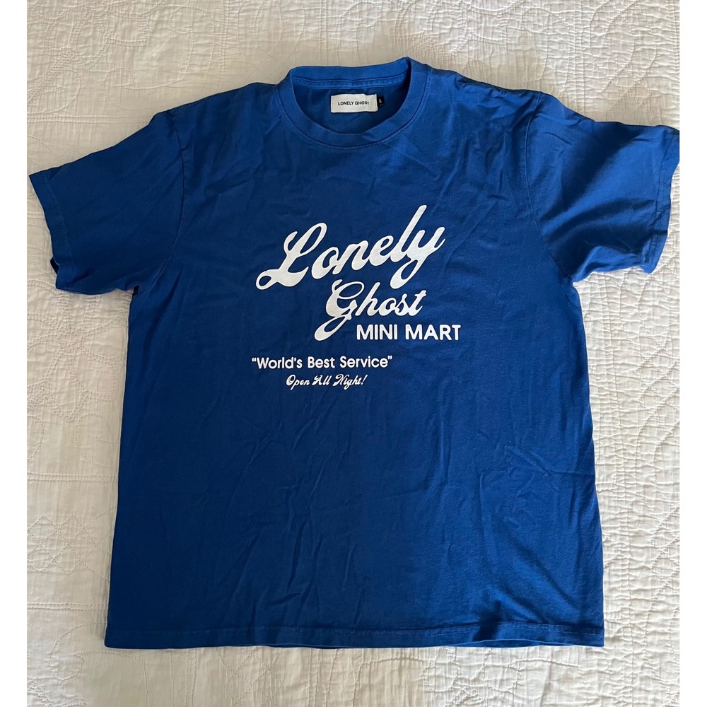 Lonely Ghost Mini Mart Graphic T-Shirt Blue World's Best Service Large